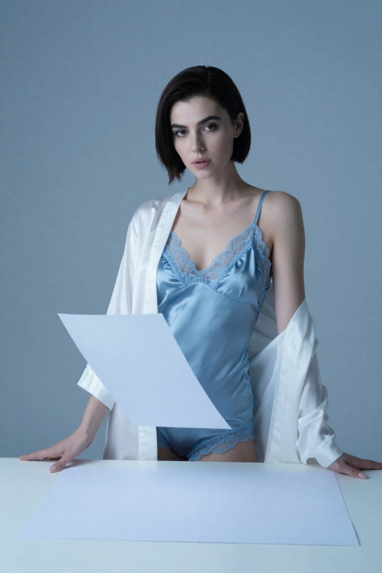Fictional 28-year-old woman, dark hair in a sharp polished bob, smooth fair skin, defined brows, neat makeup and an assured direct gaze; slate-blue silk camisole lingerie set with ice-blue lace trim and a sheer white robe worn open, standing at a plain drafting table holding completely blank unmarked sheets in a slate-walled studio, cool ice-blue light, all surfaces completely plain with no lettering or drawings anywhere, editorial photograph
