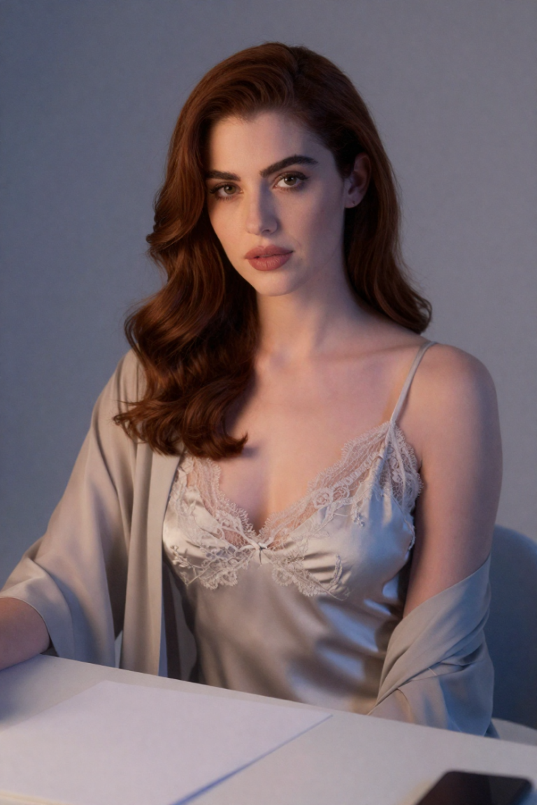 Fictional 29-year-old woman, chestnut hair in long polished waves, warm fair skin, groomed brows, defined cheekbones and a calm confident gaze; pale ice silk slip dress with slate lace trim and a sheer dove-grey robe slipped off one shoulder, seated at the drafting table with a completely blank sheet before her, soft cool evening light, no text anywhere, editorial photograph